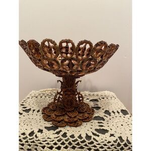 Black Walnut Shell Bowl Folk Art Hand Made Sliced‎ Hulls Footed Wood Dish UNIQUE